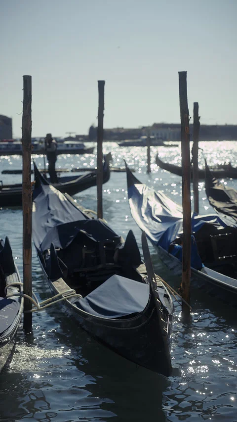 Traditional gondolas rolled by waves tied to poles at Grand Canal in Venice Stock Footage 320108038