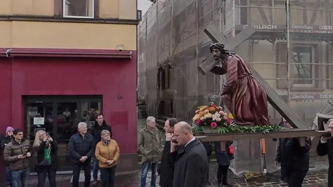 Traditional Good Friday Procession, Lohr, 04/03/2026, Passion of Christ, pan Stock Footage 332237726