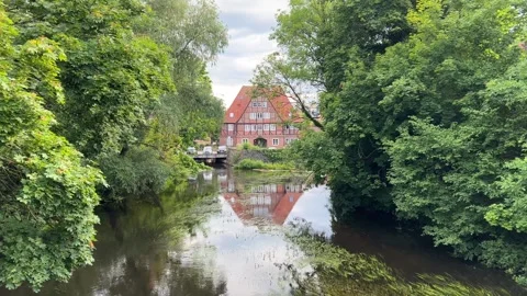 Traditional Half-Timbered House Reflected in Calm River Surrounded by Green Tree Stock Footage 339997415