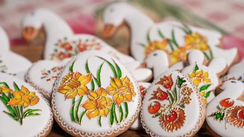 Traditional Hand-Decorated Easter Gingerbread Cookies Stock Footage 306141987