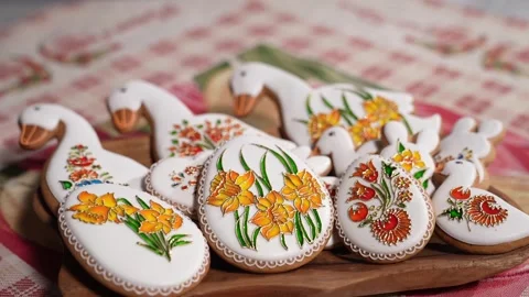 Traditional Hand-Decorated Easter Gingerbread Cookies Stock Footage 306143317