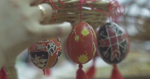 Traditional hand-painted Easter eggs. Wax patterns and colors on the eggs. Video stock 49820935