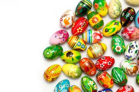 Traditional hand painted Easter eggs on white. Spring patterns Stock-Fotos
