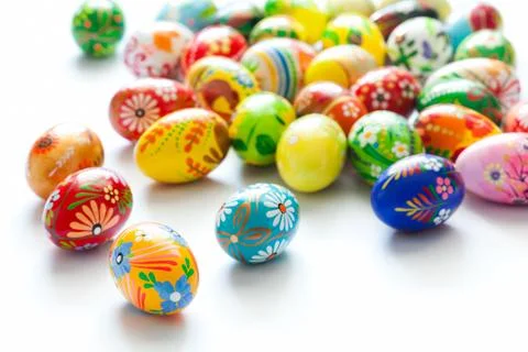 Traditional hand painted Easter eggs on white. Spring patterns Stock Photos