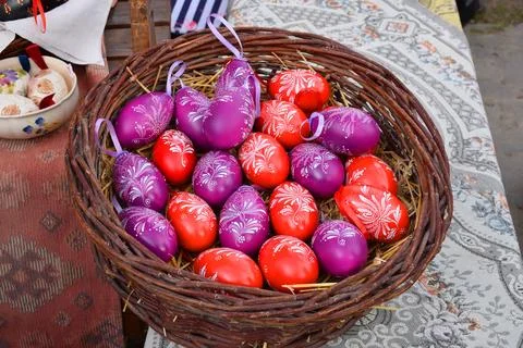Traditional handmade easter eggs with folk art designs Stock Photos