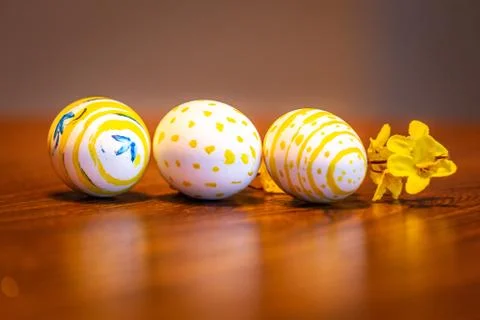 Traditional handmade easter eggs. Painted with different paints and by differ Foto stock