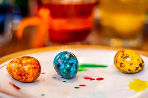 Traditional handmade easter eggs. Painted with different paints and by differ Stock Photos