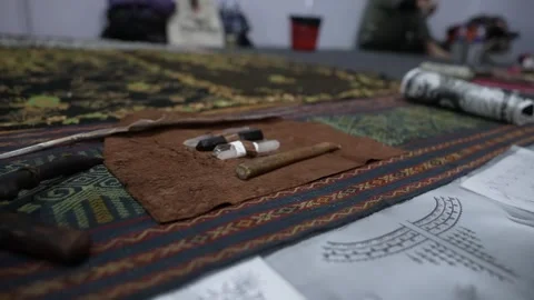 Traditional Handmade Tattoo Instruments Arranged for Exhibition Stock Footage 331225837