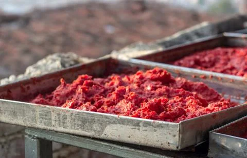 Traditional handmade tomato paste making process shot under open air Foto stock