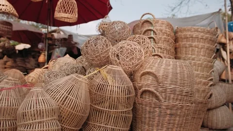 Traditional handmade wicker items, baskets, lampshades, and decorative spheres Stock Footage 325076971