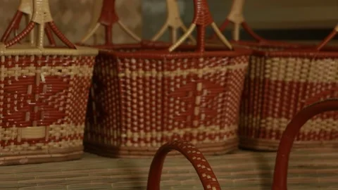 Traditional Handwoven Bamboo Baskets Displayed in a Rural Thai Village Stock Footage 340347317