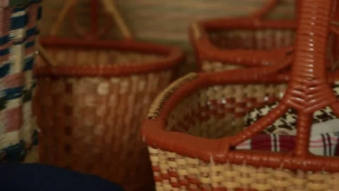 Traditional Handwoven Bamboo Baskets Displayed in a Rural Thai Village Stock Footage 340347325
