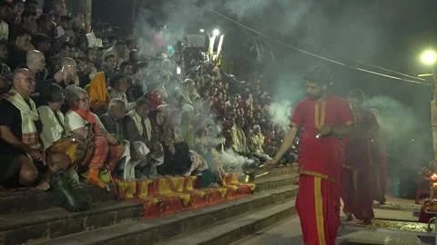Traditional Hindu Aarti with Crowd in Rishikesh Stock Footage 337628440