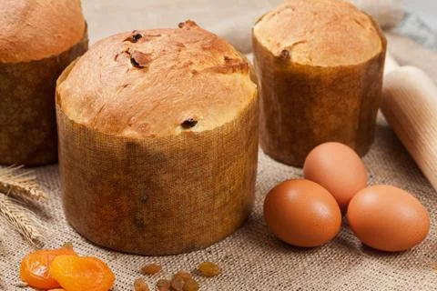 Traditional homemade rustic easter kulich gourmet with raisins on textile Stock Photos