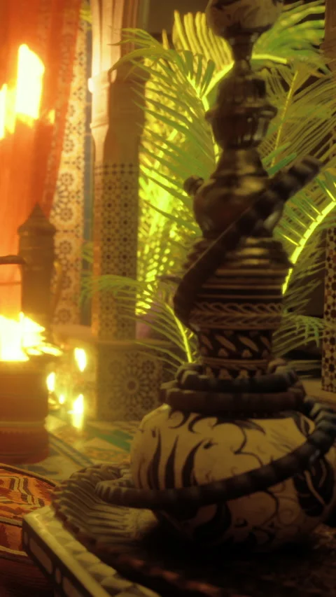 Traditional hookah setup in an indoor space with plants and warm lighting Stock Footage 331767426
