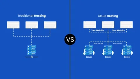 Traditional Hosting vs Cloud Hosting Comparison with Blue Technology Backgrou Stock Footage 328590013