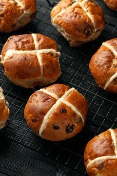 Traditional Hot Cross Buns. Easter Sweet Rolls with Spices and Dried Fruit Stock Photos