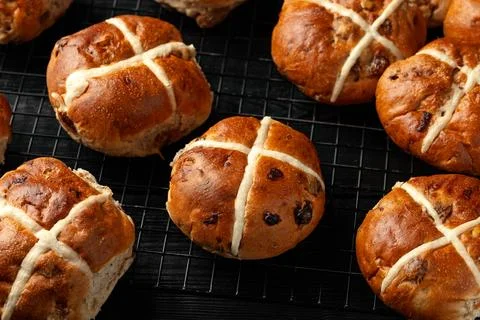 Traditional Hot Cross Buns. Easter Sweet Rolls with Spices and Dried Fruit Stock Photos