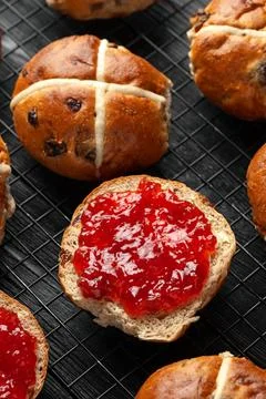 Traditional Hot Cross Buns, Easter Sweet Spiced Rolls with Dried Fruit, Str.. Stock Photos