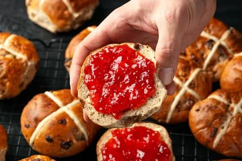 Traditional Hot Cross Buns, Easter Sweet Spiced Rolls with Dried Fruit, Str.. Stock Photos