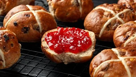 Traditional Hot Cross Buns, Easter Sweet Spiced Rolls with Dried Fruit, Str.. Stock Photos