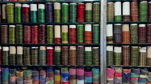 Traditional Indian Bangle Collection on Retail Shop Display Video Stock Footage 336942691