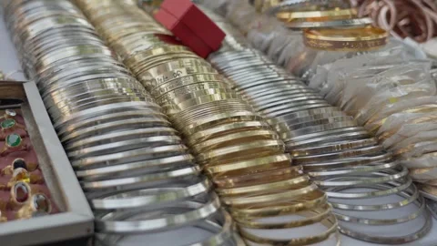 Traditional Indian Bangles, bracelets And Rings Displayed At Kolkata Street Stock Footage 333179281