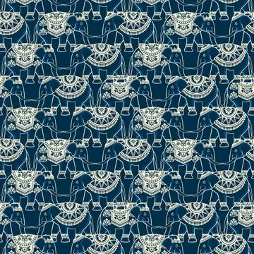 Traditional Indian Elephant Pattern with Seamless Intricate Ornamentation. Stock Illustration