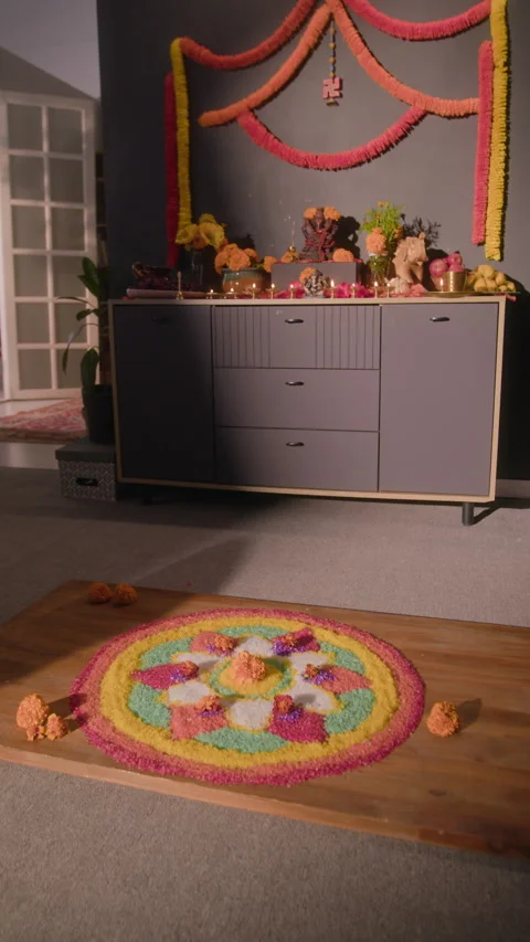 Traditional Indian Home Decor Featuring Festive Altar with Floor Art Stock Footage 344965172