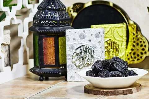 Traditional Islamic Decor With Lantern, Dates, and Ornamental Elements Stock Footage 301804108