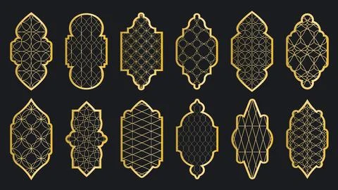 Traditional islamic windows with golden patterns Stock Illustration