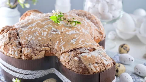 Traditional Italian desserts for Easter - Easter dove . Festive pastries with al Video stock 149737431