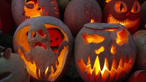 Traditional jack o lantern display for Halloween holiday Stock Footage 315790017