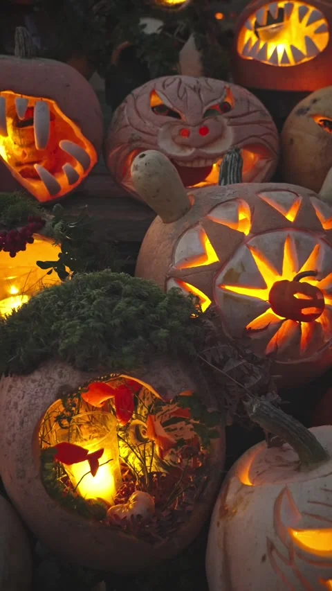 Traditional jack o lantern display for Halloween holiday Stock Footage 315791792