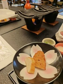 Traditional Japanese Breakfast Setup with Fried Fish Cakes 스톡 사진