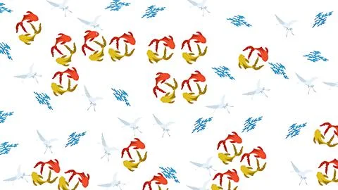 Traditional Japanese pattern with koi fish, cranes, and waves on a white ba.. Stock-Illustration