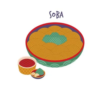 Traditional Japanese soba served in patterned bowl Stock Illustration
