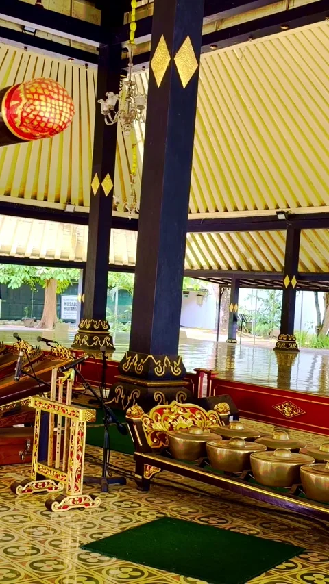 Traditional Javanese gamelan instruments displayed inside Yogyakarta Sultan.. Stock Footage 346741813