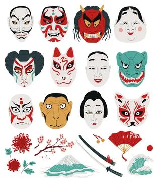 Traditional Kabuki elements on isolated background. 库存插图