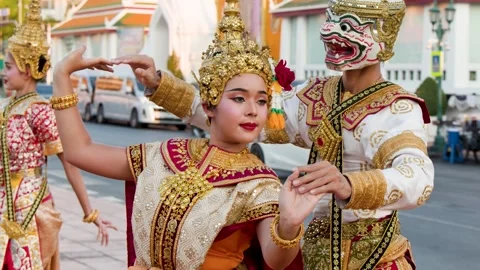 Traditional Khon Thai Dancers Perform Suphannamatcha and Hanuman at Wat Suthat Stock Footage 332829443