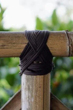 Traditional knotting technique using black rope to connect bamboo framework Stock Photos