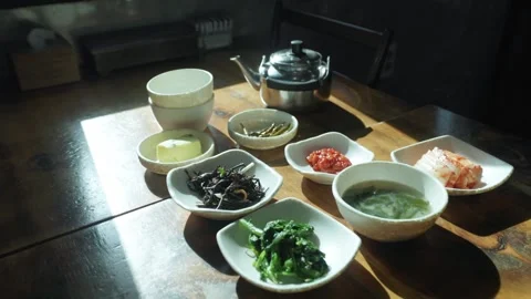 Traditional Korean Banchan Table Setting - South Korea Stock Footage 345861177