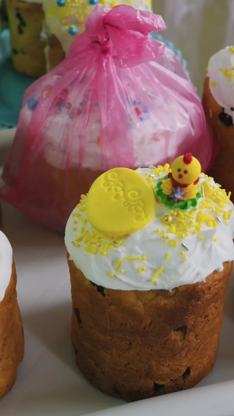 Traditional Kulich Easter Cake Decorated with Yellow Chick for Celebration Stock Footage 334124246