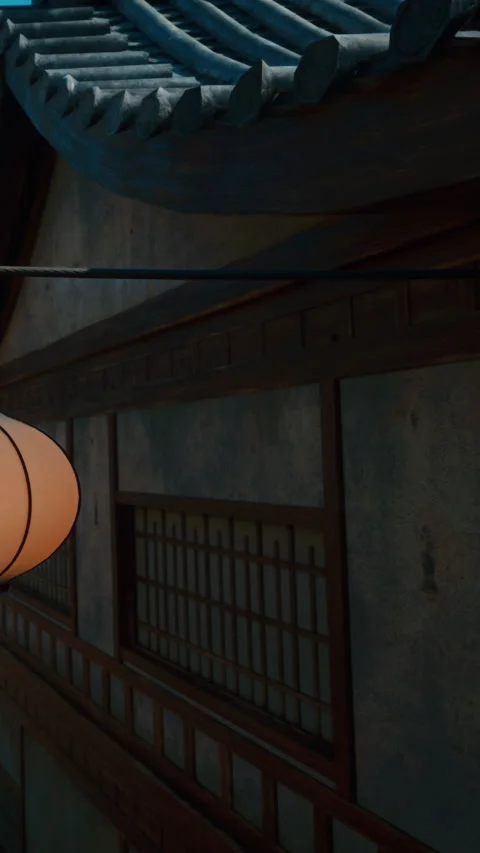 Traditional lantern hangs above old building in quiet alley at night Stock Footage 341270051