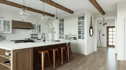 Traditional large L-shaped kitchen with large island and kitchen appliances. Stock Footage 252819609