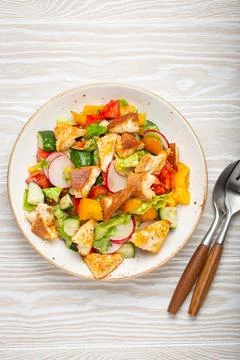 Traditional Levant dish Fattoush salad, Arab cuisine, with pita bread croutons Stock Photos