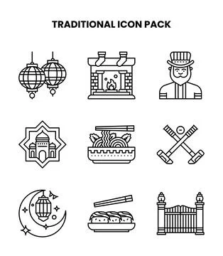 Traditional Line Vector Icons Pack Stock Illustration