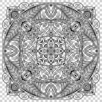 Traditional Mandala Pattern, Black Line Geometric Design 스톡 일러스트