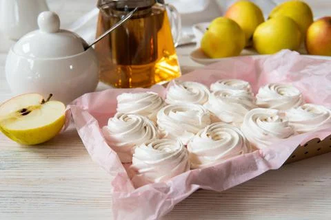 Traditional marshmallows on a plate on the kitchen table Stock Photos