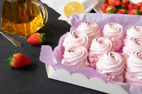 Traditional marshmallows on a plate on the kitchen table Stock Photos